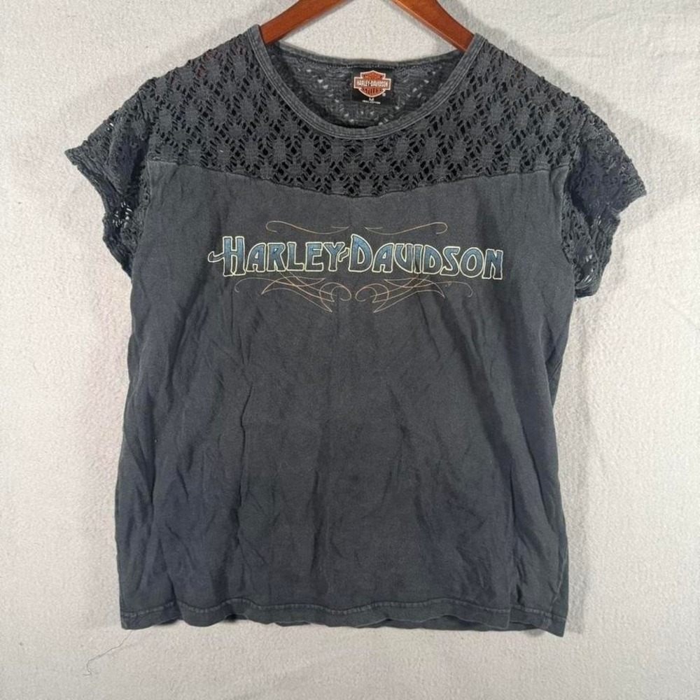 Women's Vintage 1988 Harley Davidson Motorcycle Black Lace Top Medium